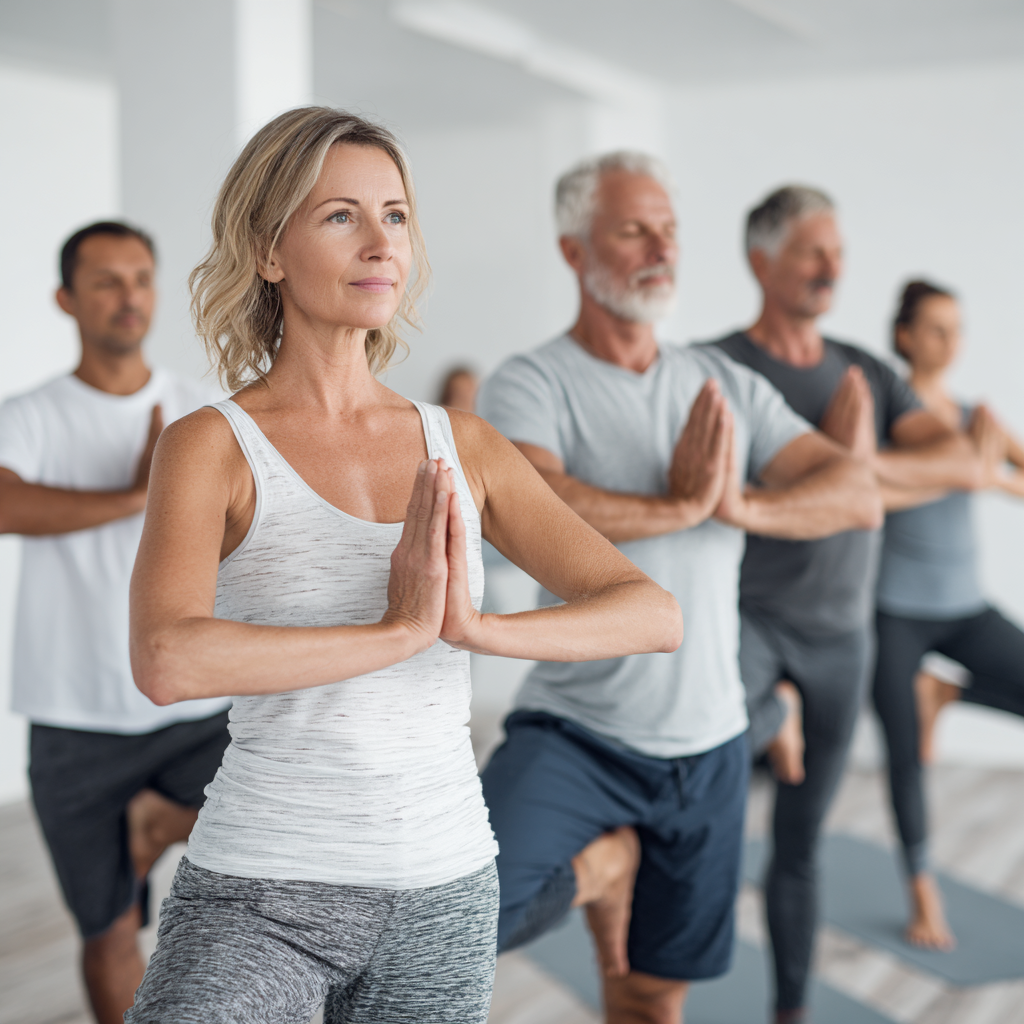 Group of white ukraninane adults practicing yoga together in bright studio space
