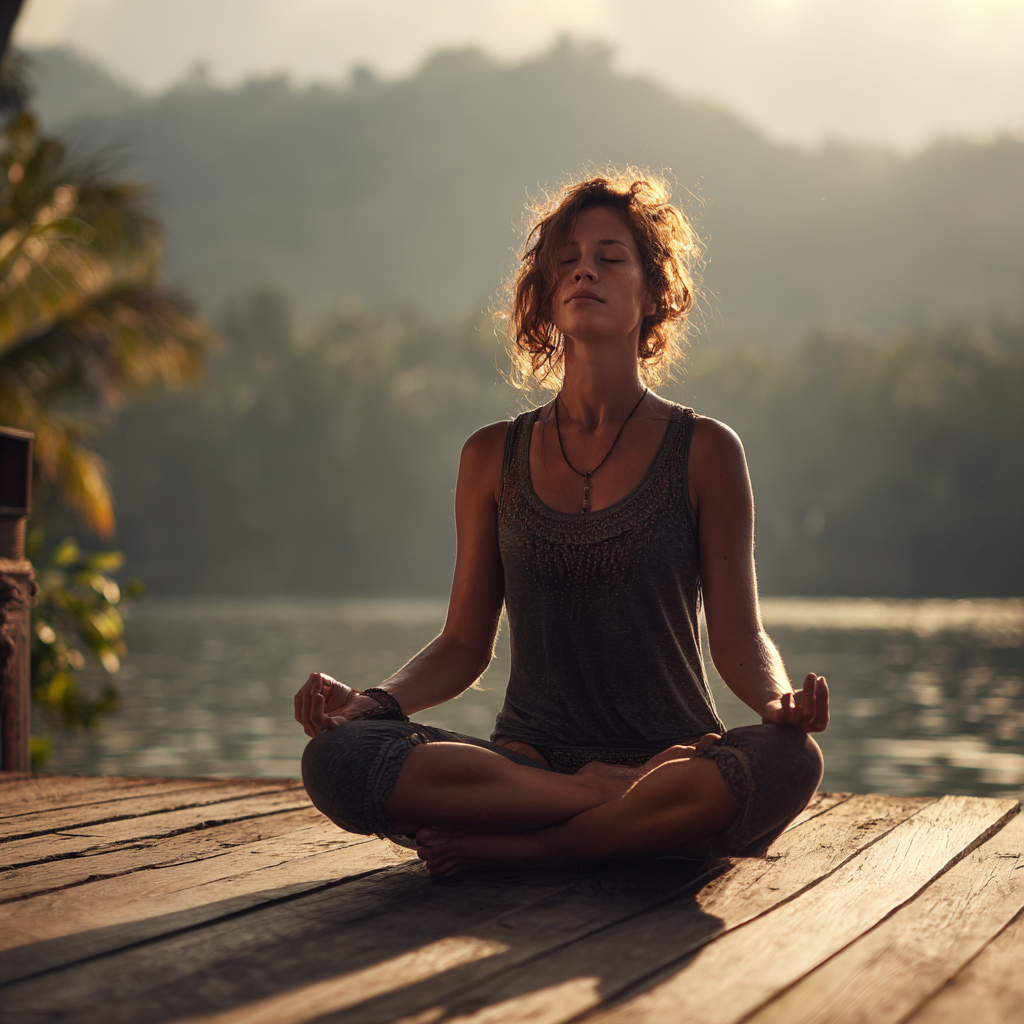 Peaceful woman practicing yoga meditation in serene natural setting